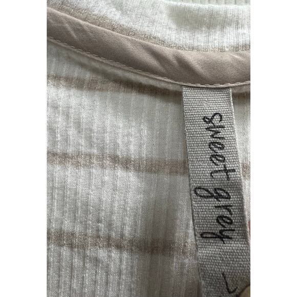 SWEET GRAY tan white Jersey knit national striped check blouse weekend sz L - Picture 3 of 8